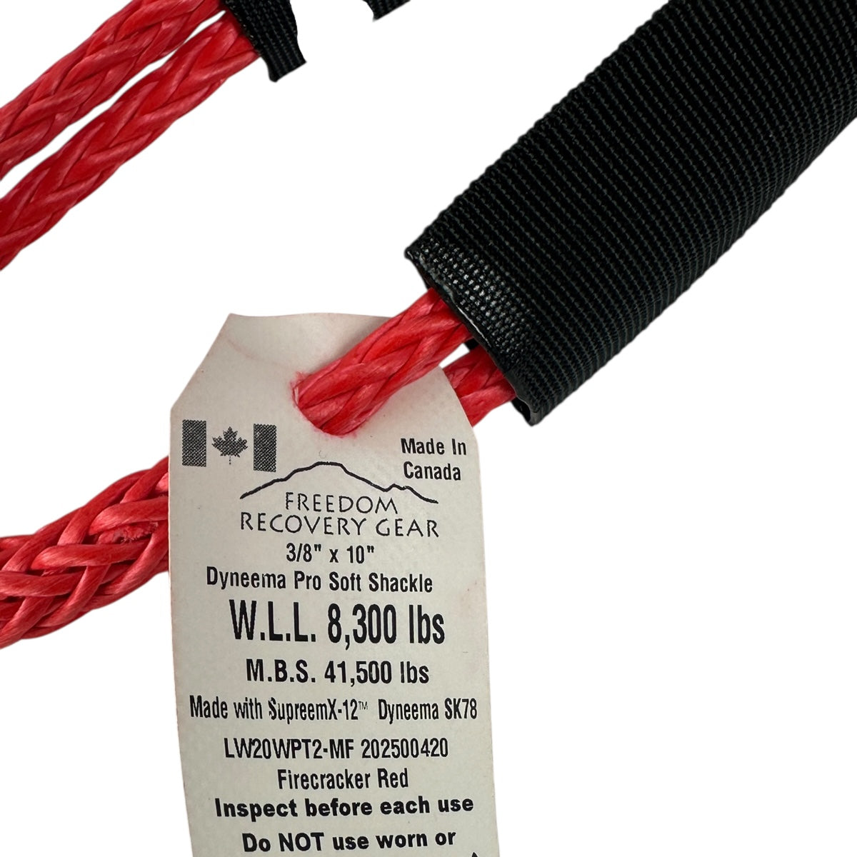 Red shackle with a label detailing specifications on a white background