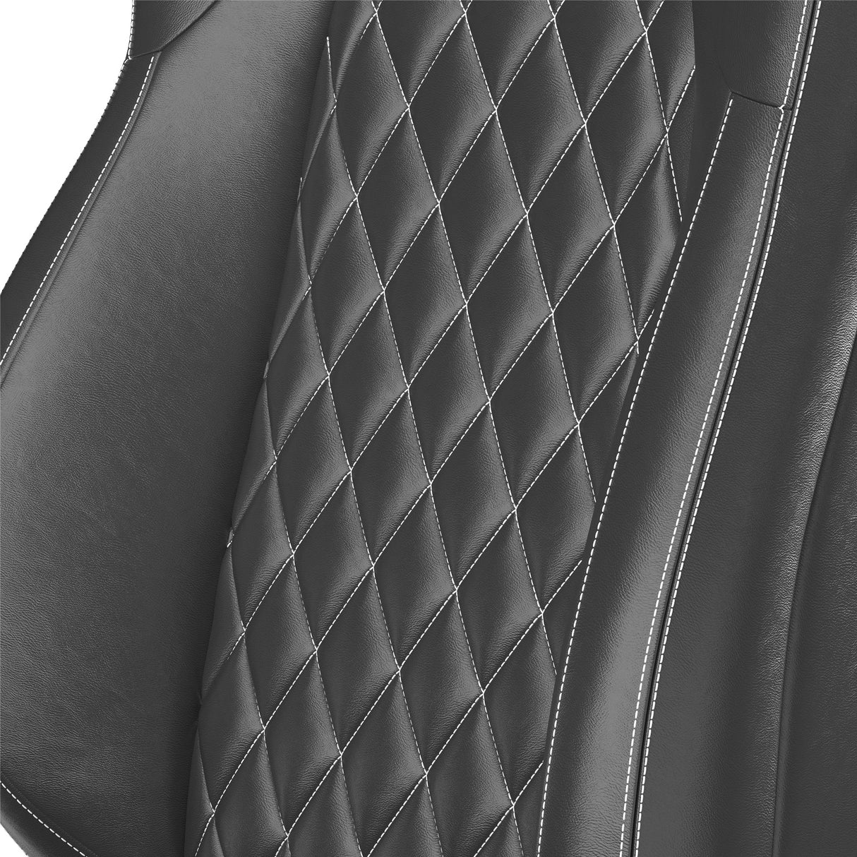Close-up of a black quilted leather seat with diamond pattern and white stitching.