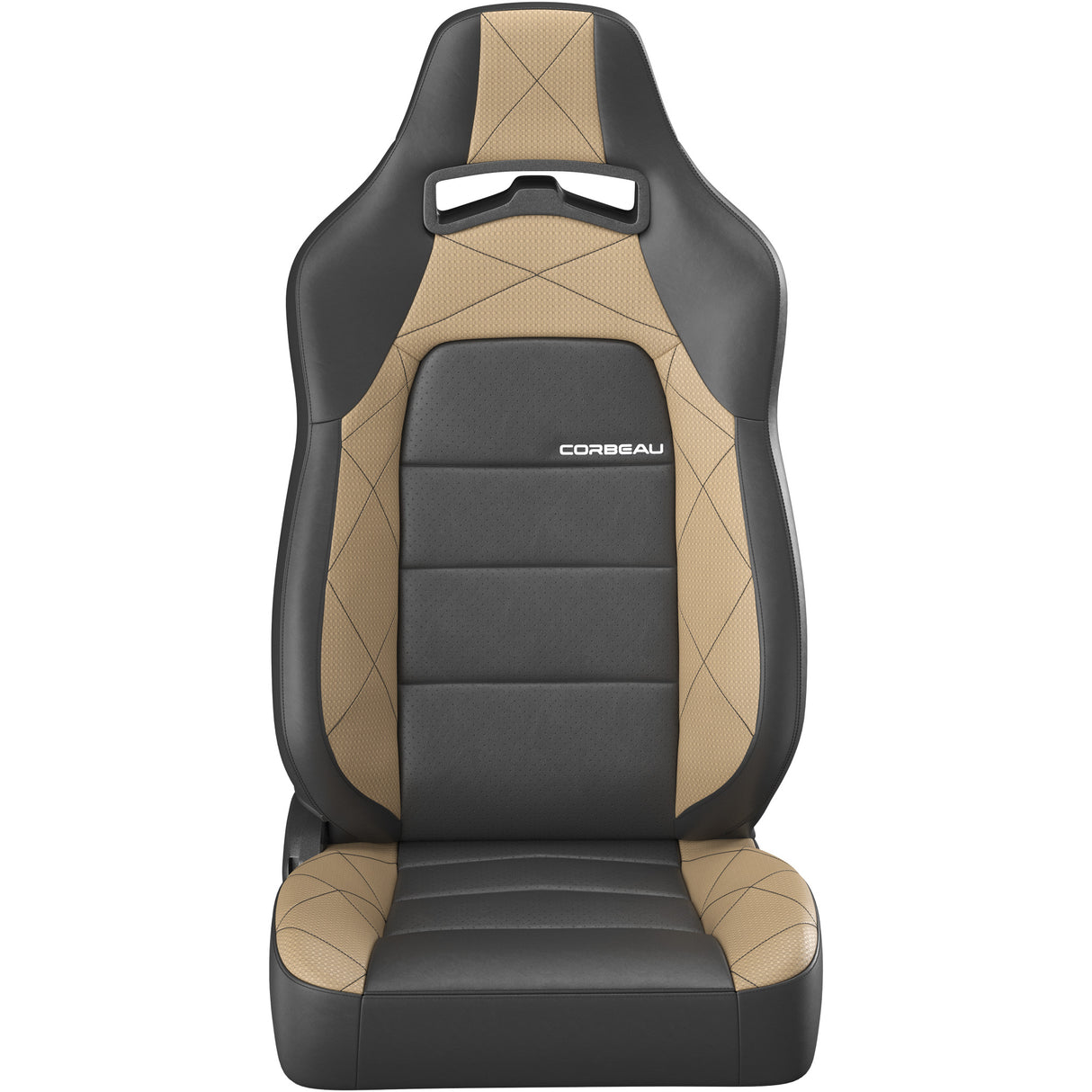 Black and beige car seat with Corbeau logo on a white background