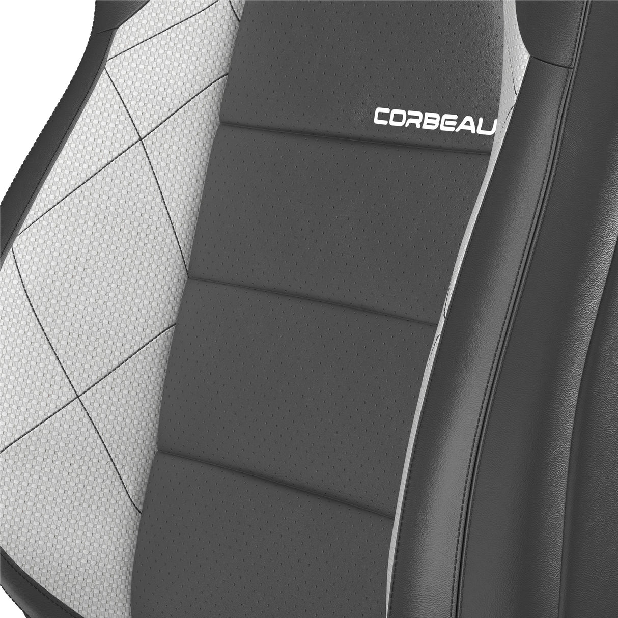 Close-up of a car seat with 'Corbeau' branding on a white background