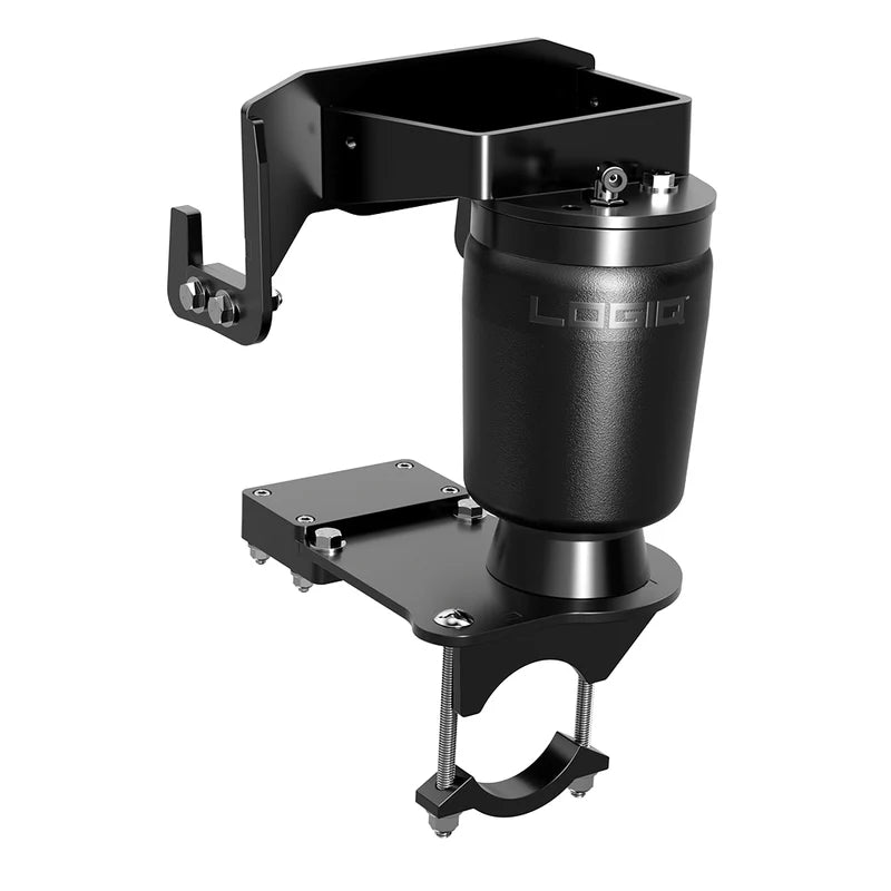 Black air suspension spring with mounting bracket on a white background