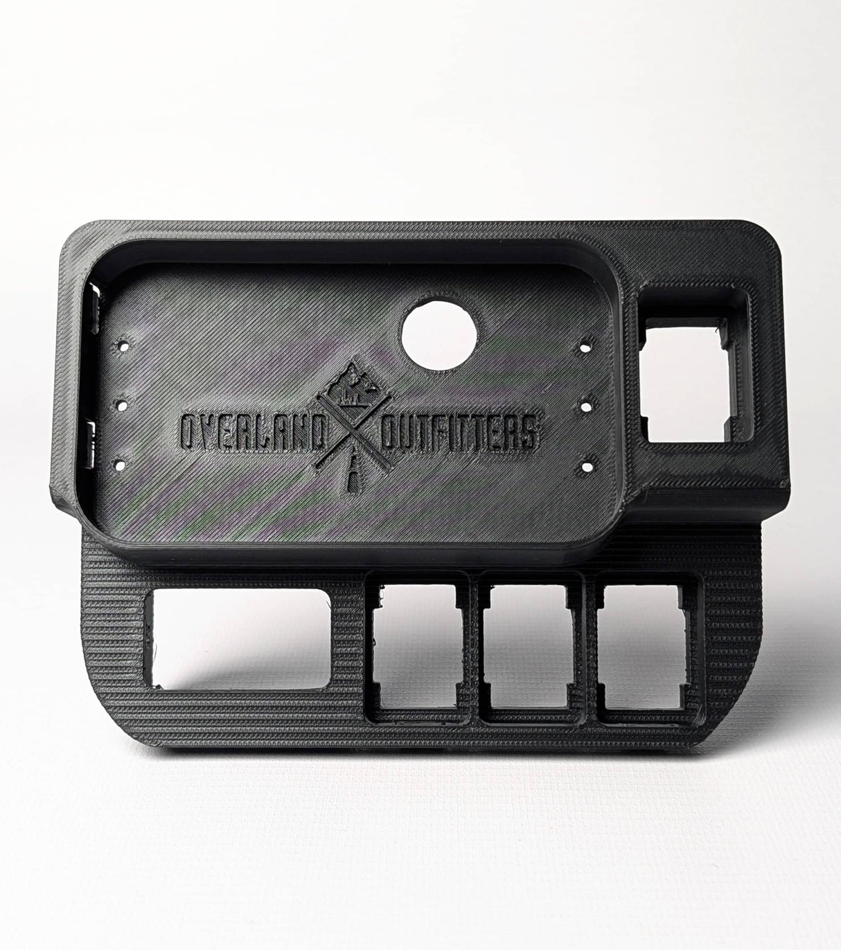 Black plastic component with Overland Outfitters branding on a white background