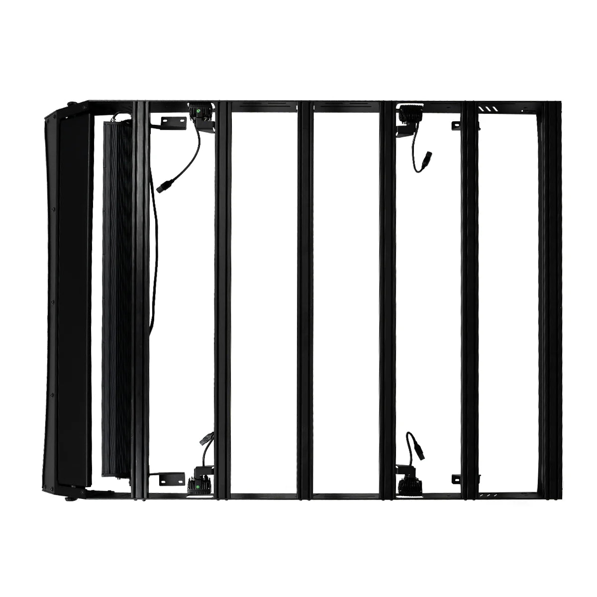 Black metal frame with glass panels on a white background