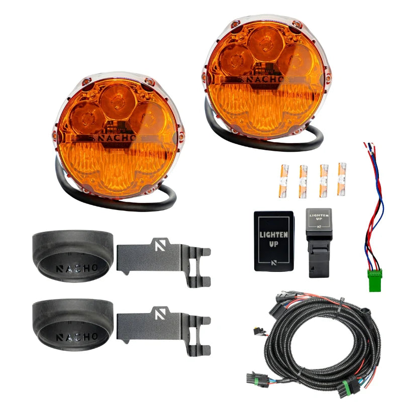 Set of orange fog lights with mounting hardware and wiring on a white background