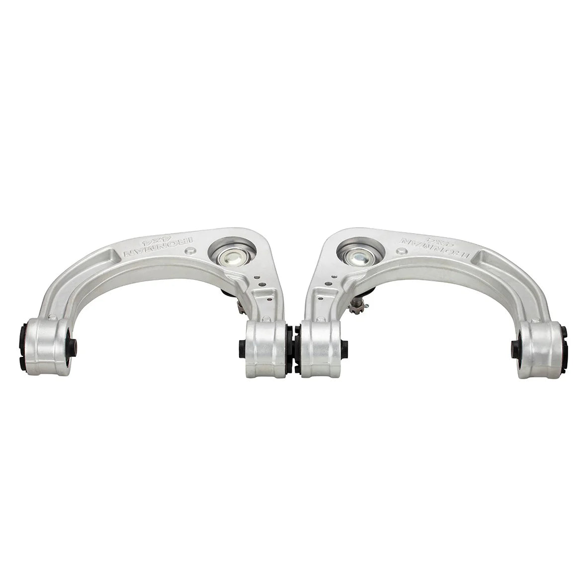 Two metal suspension control arms on a white background