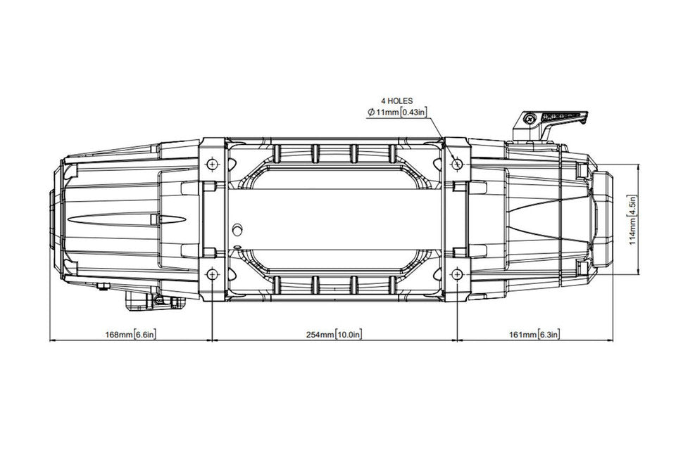 Technical drawing of the winch with dimensions