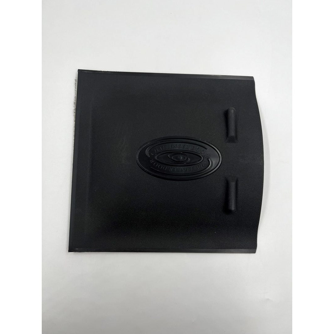 Black screen door with a logo on a white background