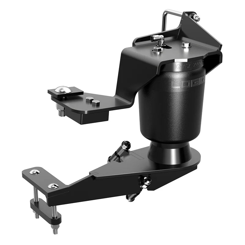 Black metal mounting bracket and air spring on a white background