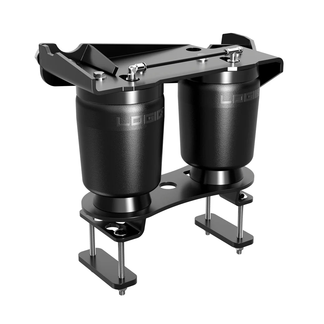 Black metal brackets with two cylindrical components on a white background