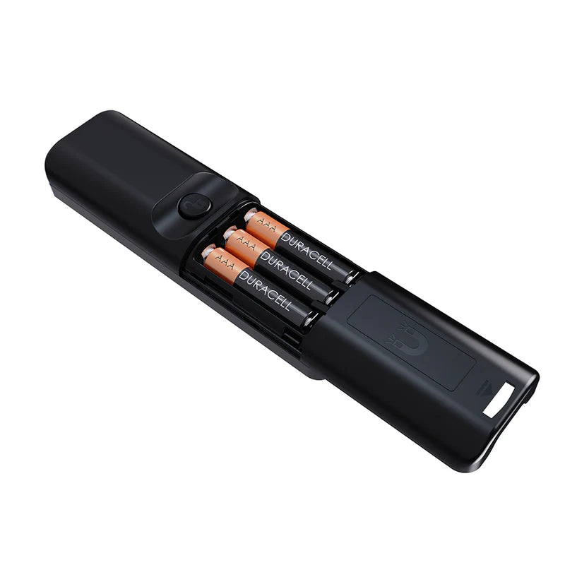 Black electronic device with batteries on a white background