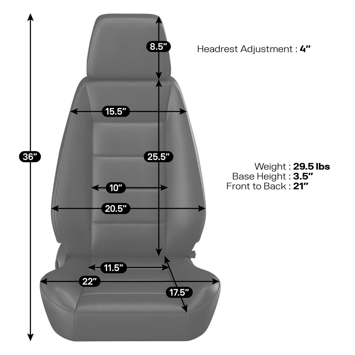 Gray car seat with measurements on a white background