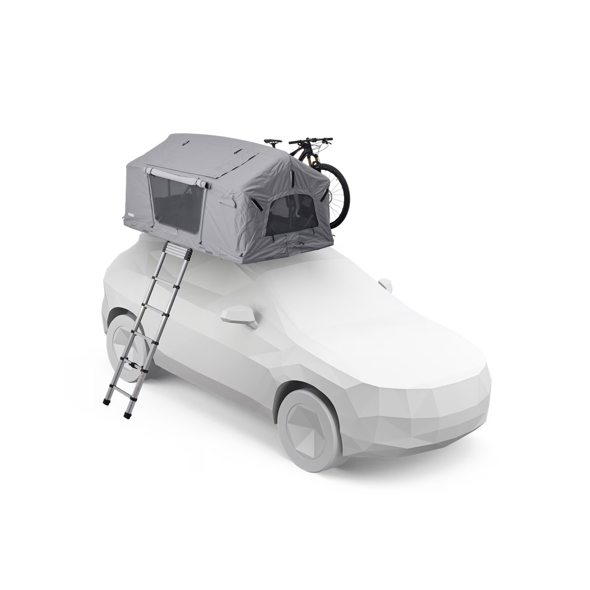 Car with a rooftop tent and ladder on a white background