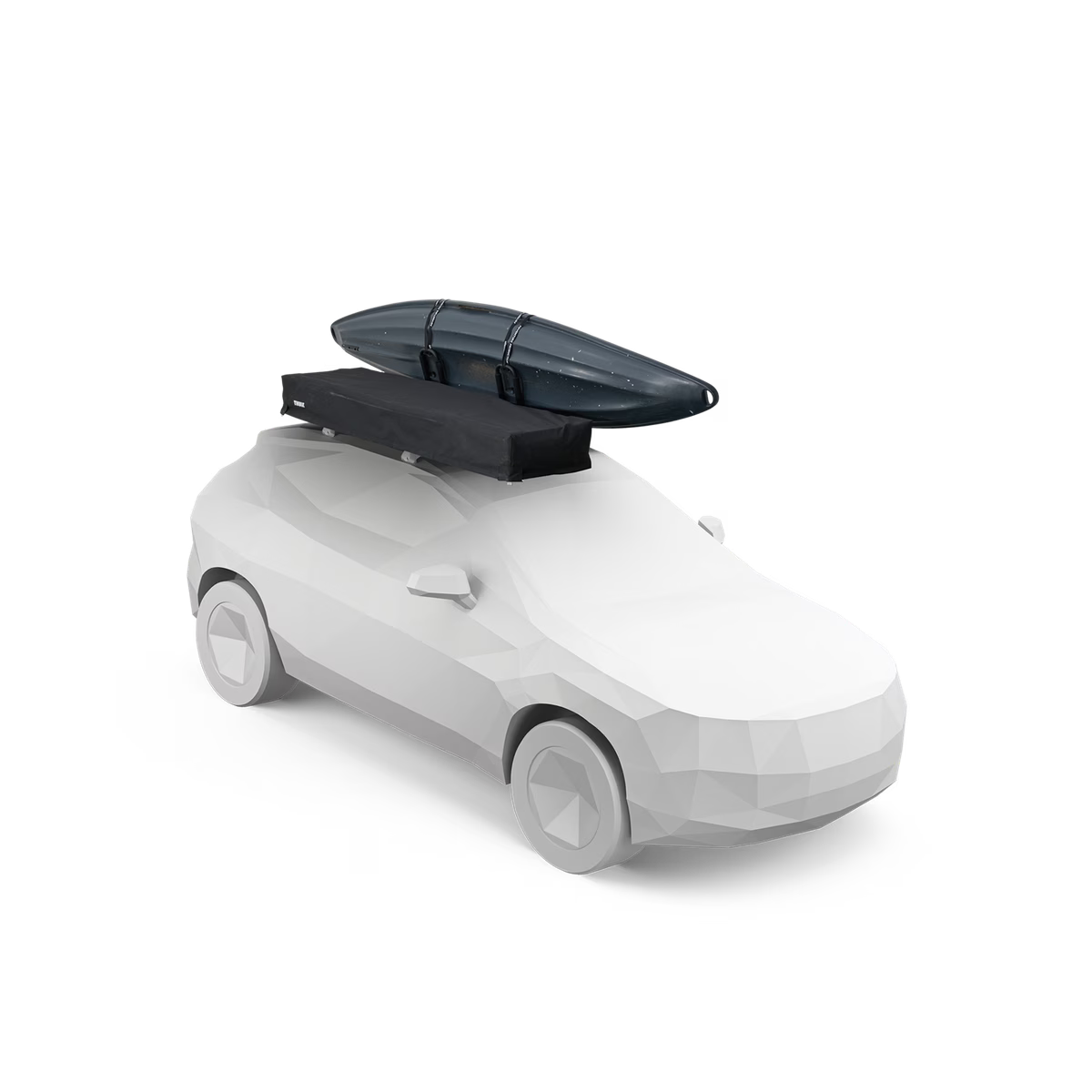 White toy car with a black roof rack and surfboard on a white background