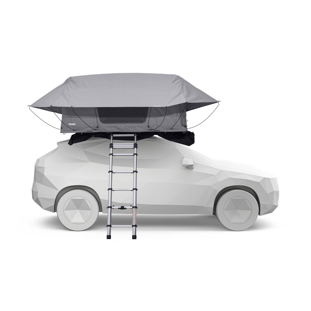 Roof top tent on a car with ladder on a white background