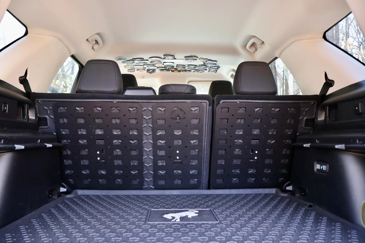 Car interior with a black cargo mat covering the floor.