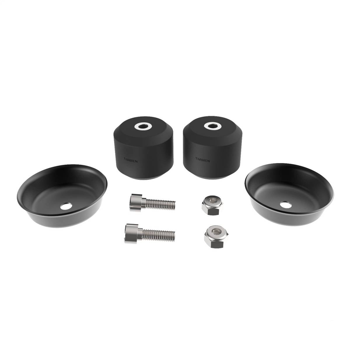 Timbren Active Off-Road Front Bump Stop Kit including two black rubber bump stops and accompanying steel cups with hardware for installation.