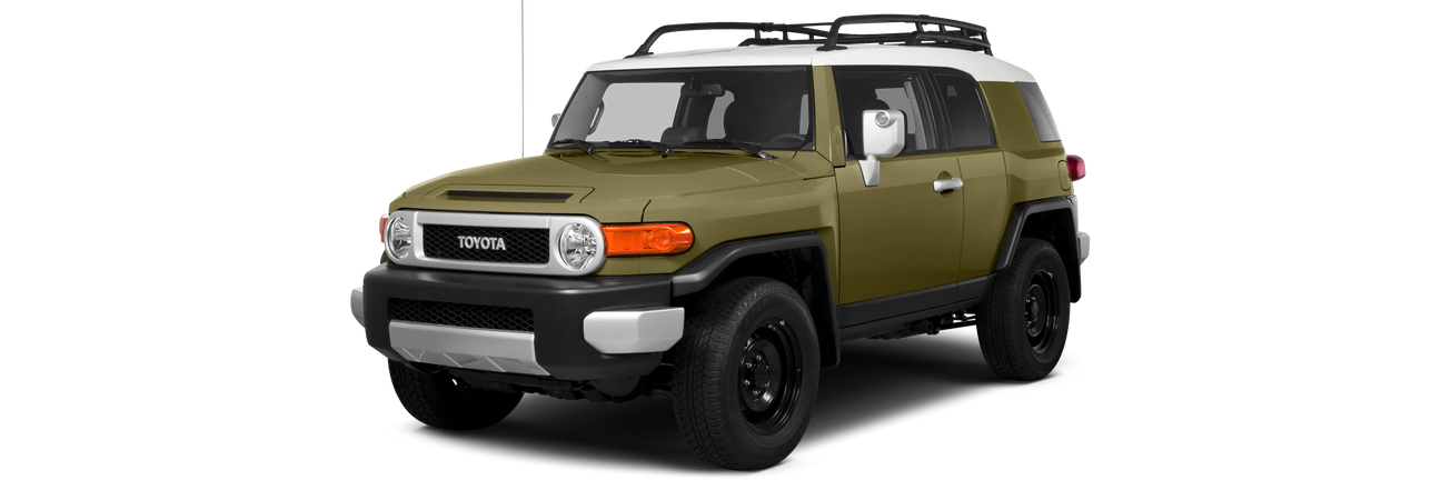 Angled side view of a khaki green coloured Toyota Fj Cruiser