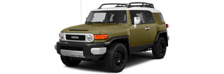 Angled side view of a khaki green coloured Toyota Fj Cruiser