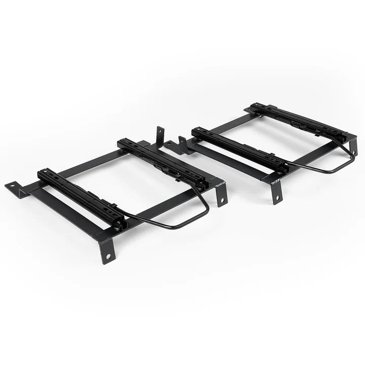 Two black metal brackets on a white background