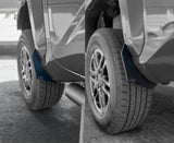 Car mud flaps on a vehicle with a close-up of the design.