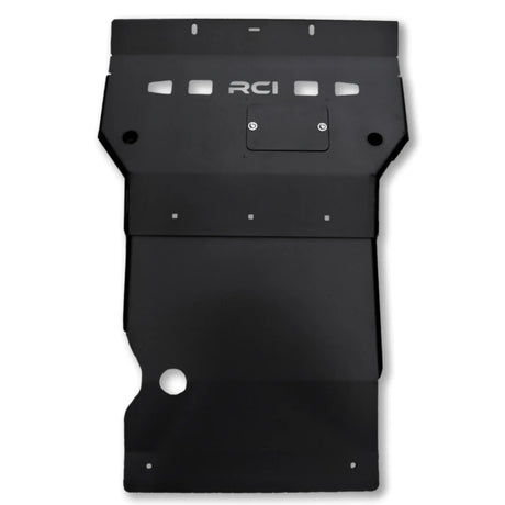 Black metal skid plate with 'RCI' branding on a white background