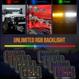 Multiple switch panels shown with multiple back lighting options