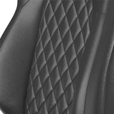 Close-up of a black quilted leather seat cover with diamond pattern