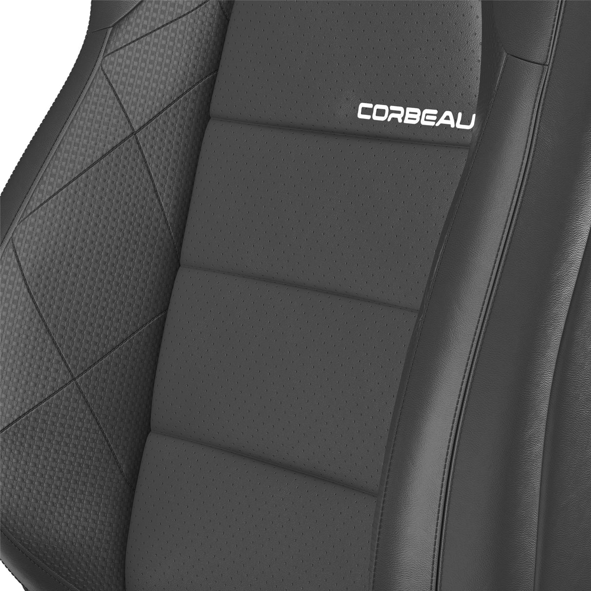 Black car seat with 'Corbeau' branding on a white background