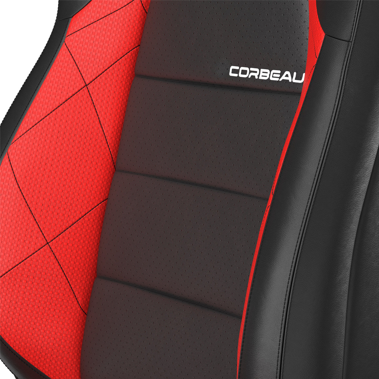 Black and red car seat with 'Corbeau' branding on a white background