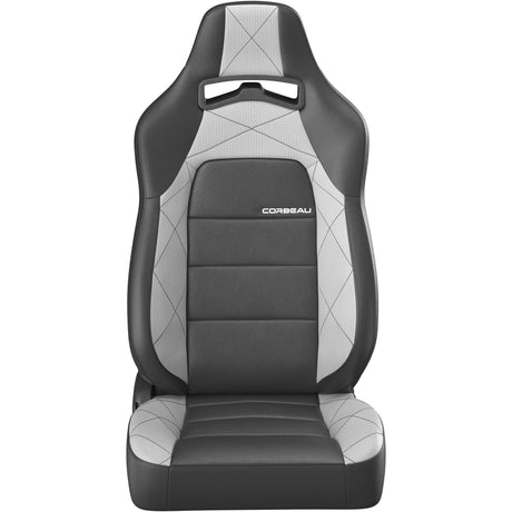Black and gray car seat with Corbeau logo on a white background