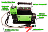Green and black air compressor with labeled features on a white background
