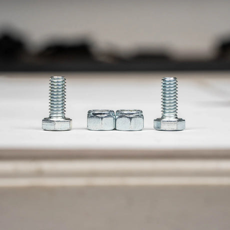 Two screws and two nuts on a blurred background