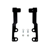 Two black metal brackets with screws on a white background