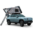 A rooftop tent mounted on top of a vehicle, depicted in an open state with a visible ladder and interior space.