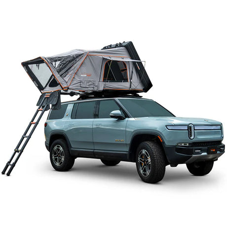 A rooftop tent mounted on top of a vehicle, depicted in an open state with a visible ladder and interior space.