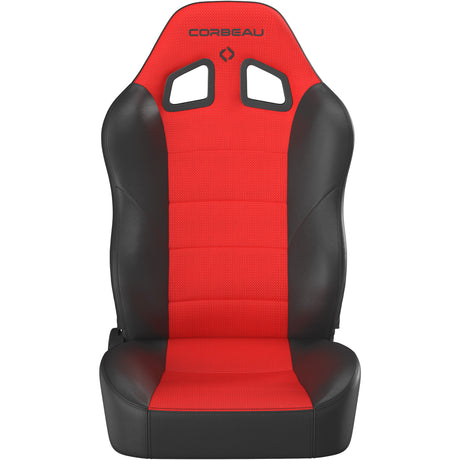 Red and black car seat with Corbeau logo on a white background
