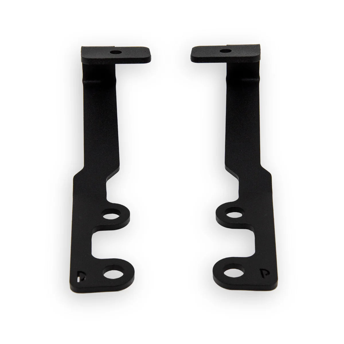 Two black metal brackets on a white background