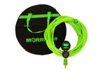 Green air hose with pressure gauge and black carrying case on a white background