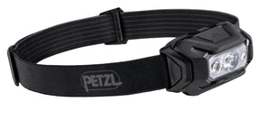 Black headlamp with Petzl logo on a white background