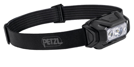 Black headlamp with Petzl logo on a white background
