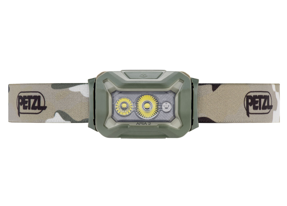 Headlamp with camouflage strap and Petzl logo on a white background