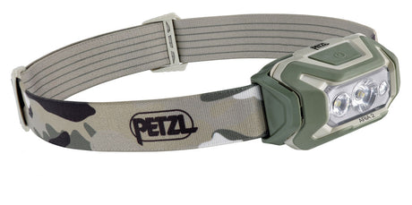 Camouflage headlamp with Petzl logo on a white background