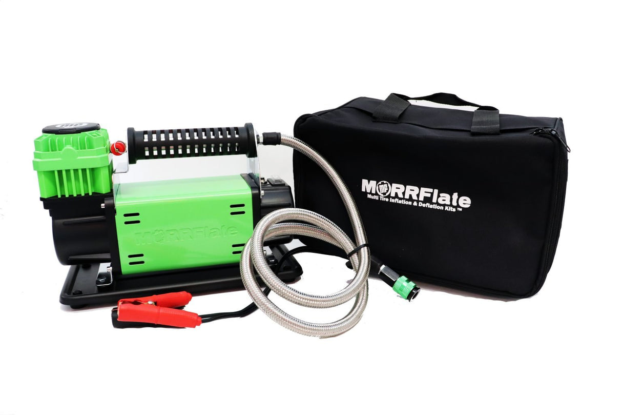 MORRFlate Five Six portable air compressor and carrying bag on white background.