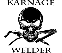 Skull with crossed welding rods and 'Karnage Welder' text on a white background