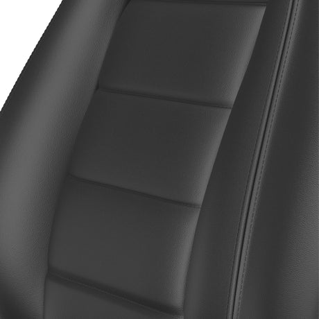 Close-up of a black leather car seat with stitching detail