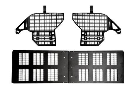Black metal grille with a honeycomb pattern on a white background