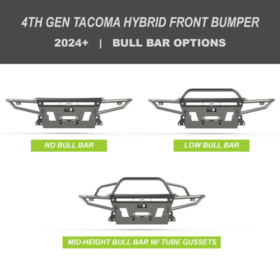 Shows options, No bull bar, low bull bar, mid-height bull bar with tube gussets