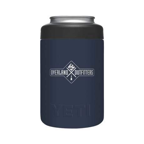 Navy blue can cooler with YETI logo on a transparent background