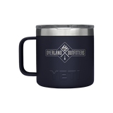 Navy blue YETI mug with Overland Outfitters logo on a white background