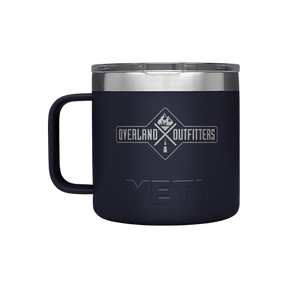 Navy blue YETI mug with Overland Outfitters logo on a white background